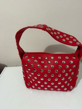 Red Studded Shoulder Bag with Wide Strap